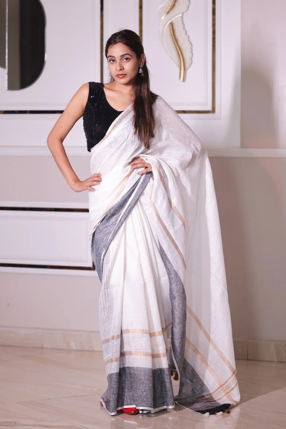 Premium Pure Linen White Saree with Grey & Golden Border - Image 3
