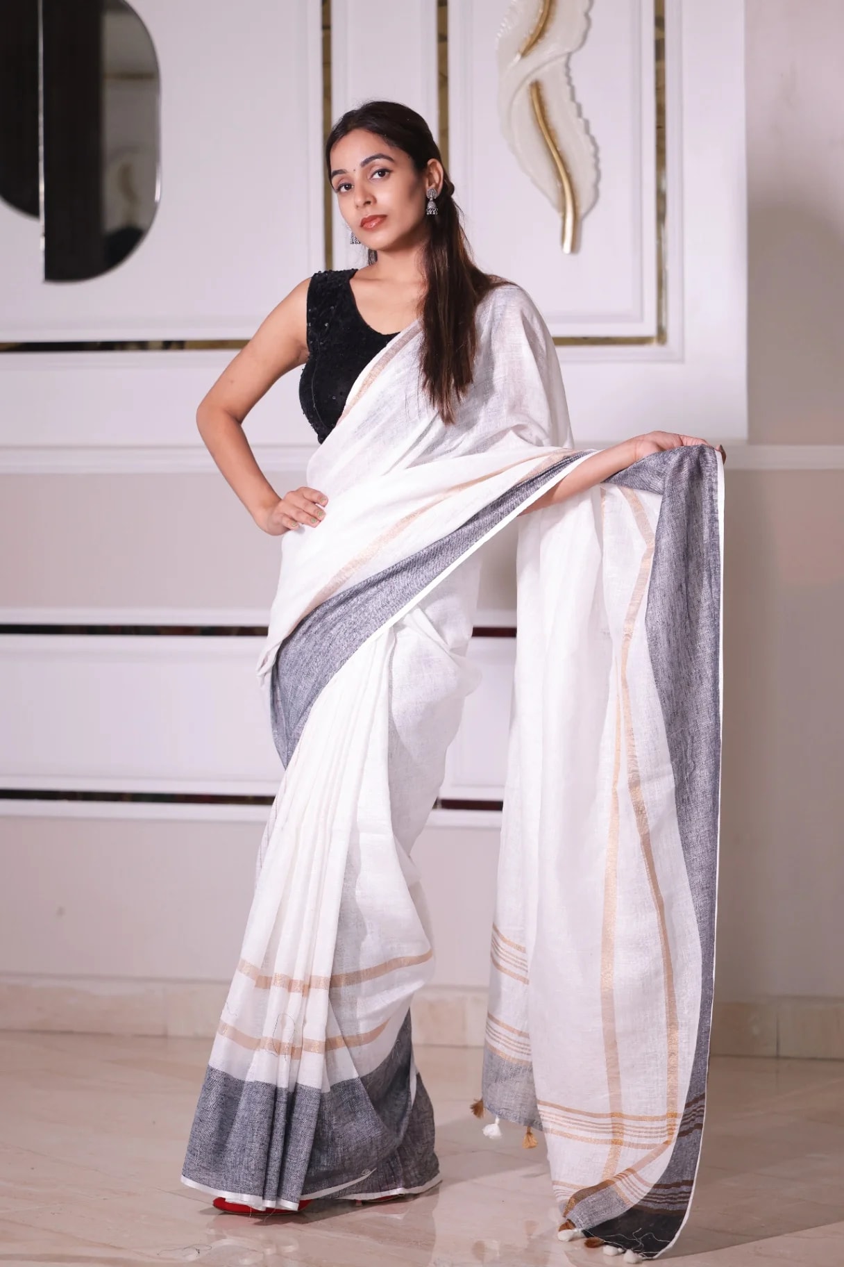 Premium Pure Linen White Saree with Grey & Golden Border - Image 1