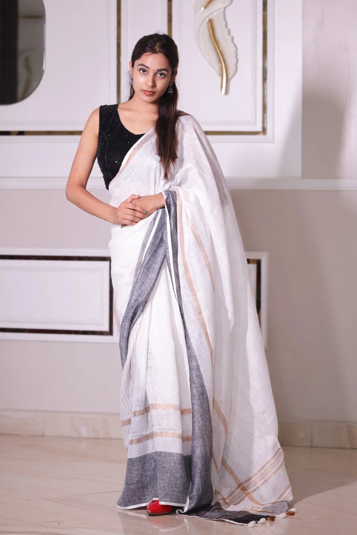 Premium Pure Linen White Saree with Grey & Golden Border - Image 2
