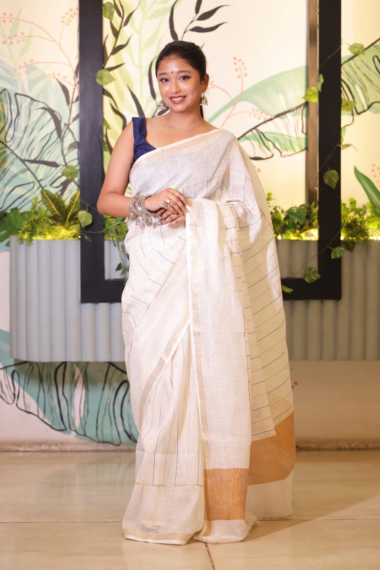 Premium Pure Linen Ivory Saree with Golden Strips - Image 2