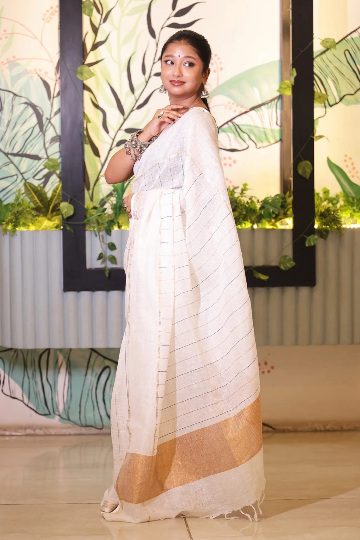 Premium Pure Linen Ivory Saree with Golden Strips - Image 3