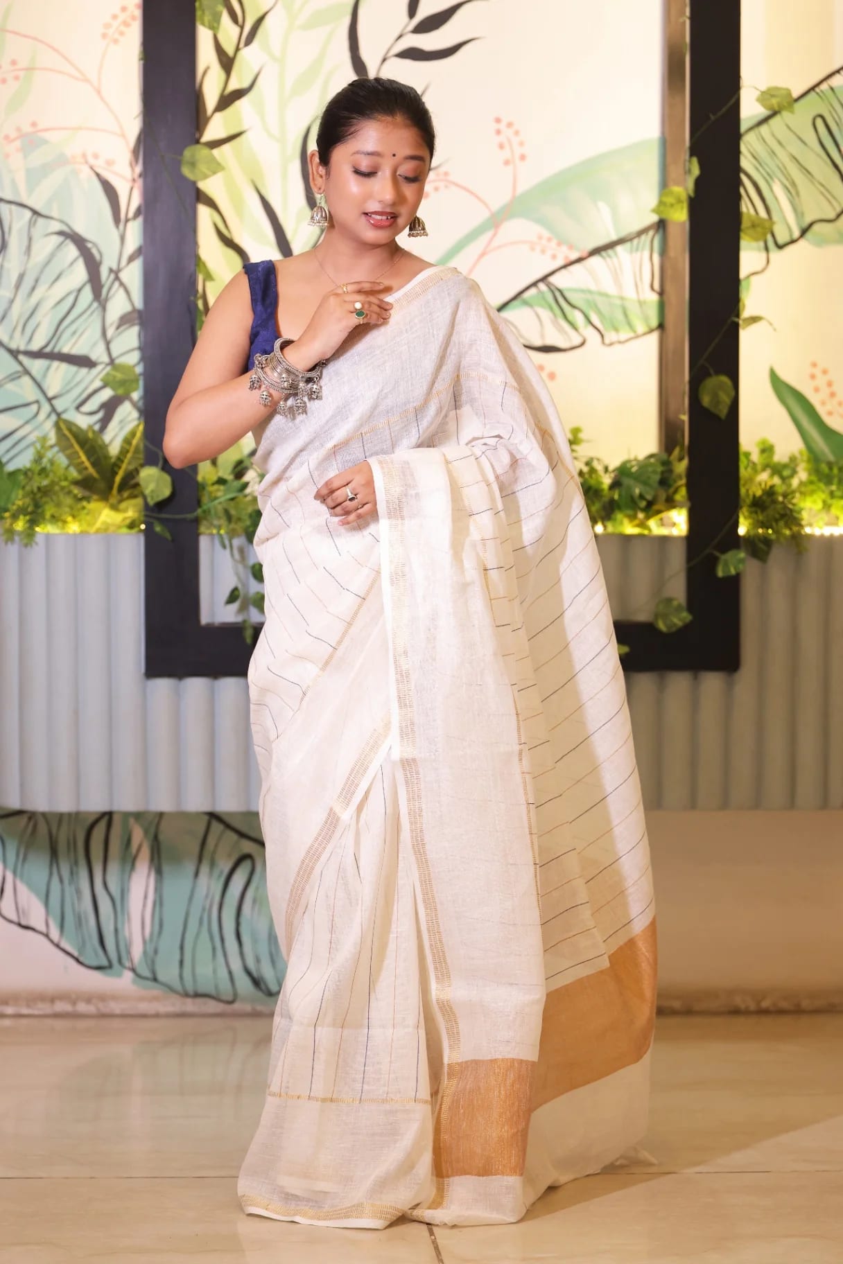 Premium Pure Linen Ivory Saree with Golden Strips - Image 1