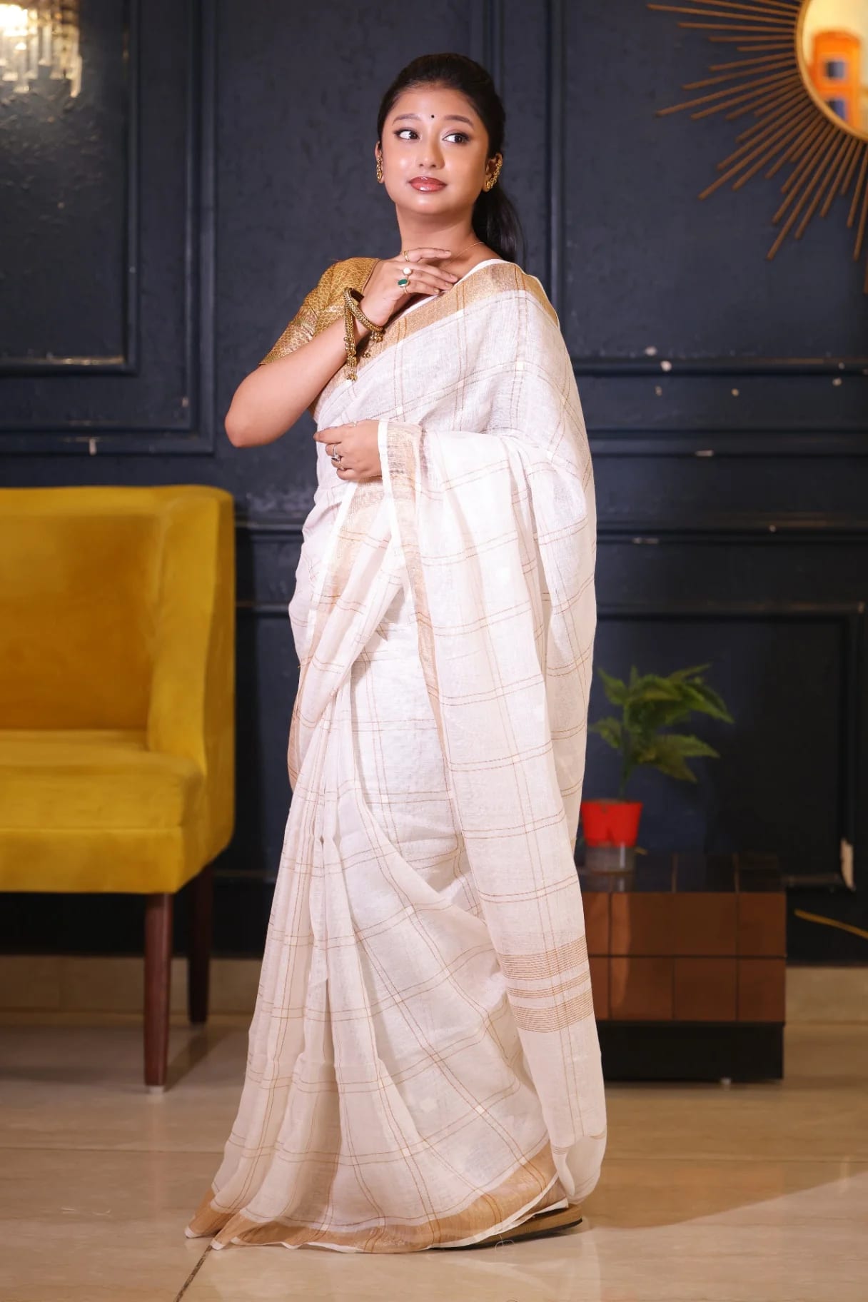 Pure Linen off-white Checked Saree with Golden Zari Border | Handloomer - Image 3