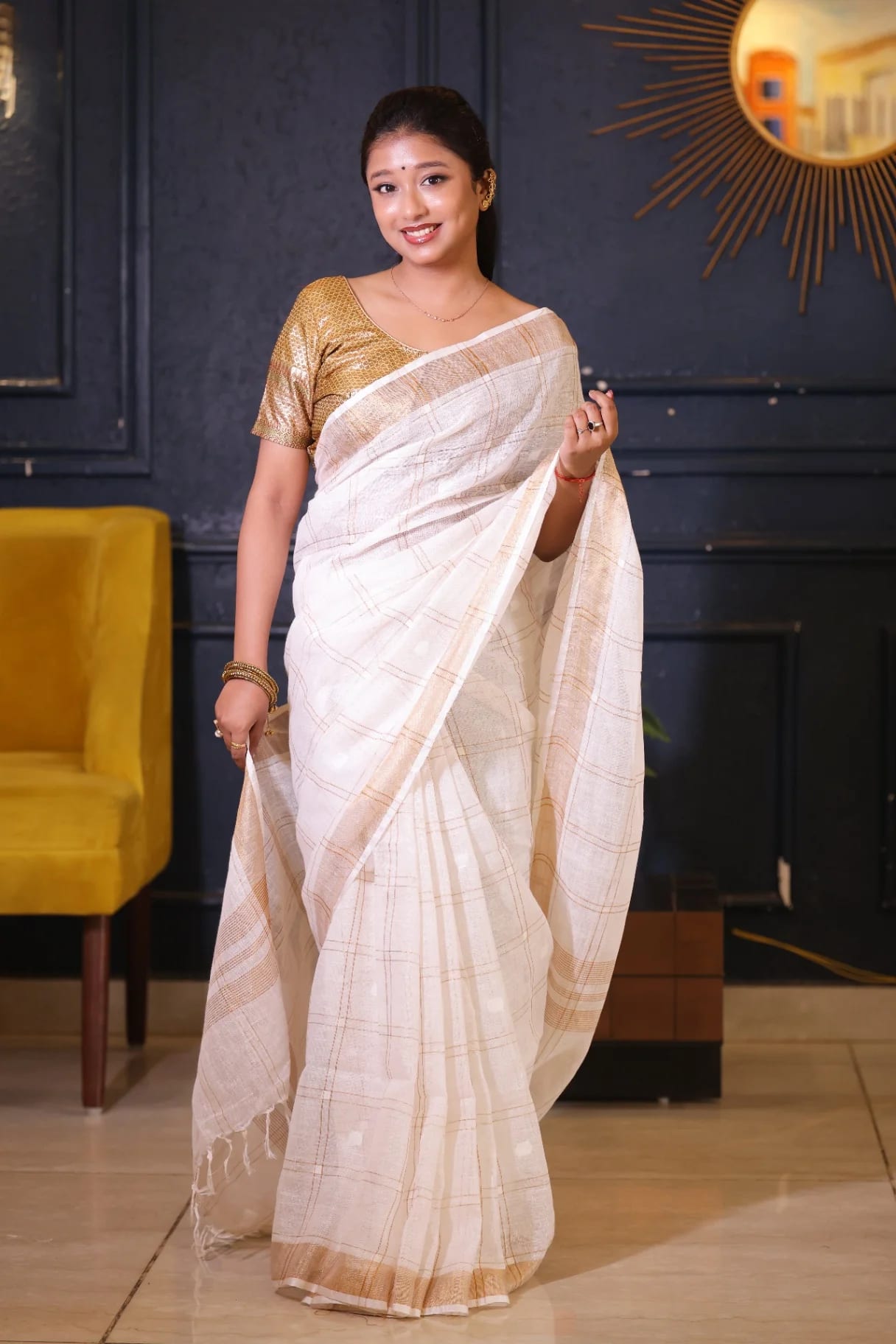 Pure Linen off-white Checked Saree with Golden Zari Border | Handloomer - Image 2
