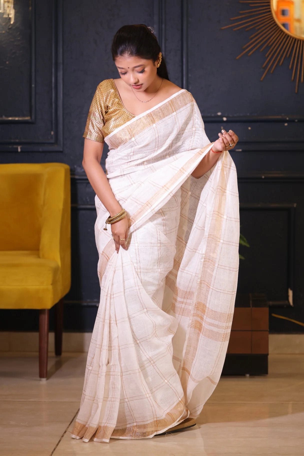Pure Linen off-white Checked Saree with Golden Zari Border | Handloomer - Image 1