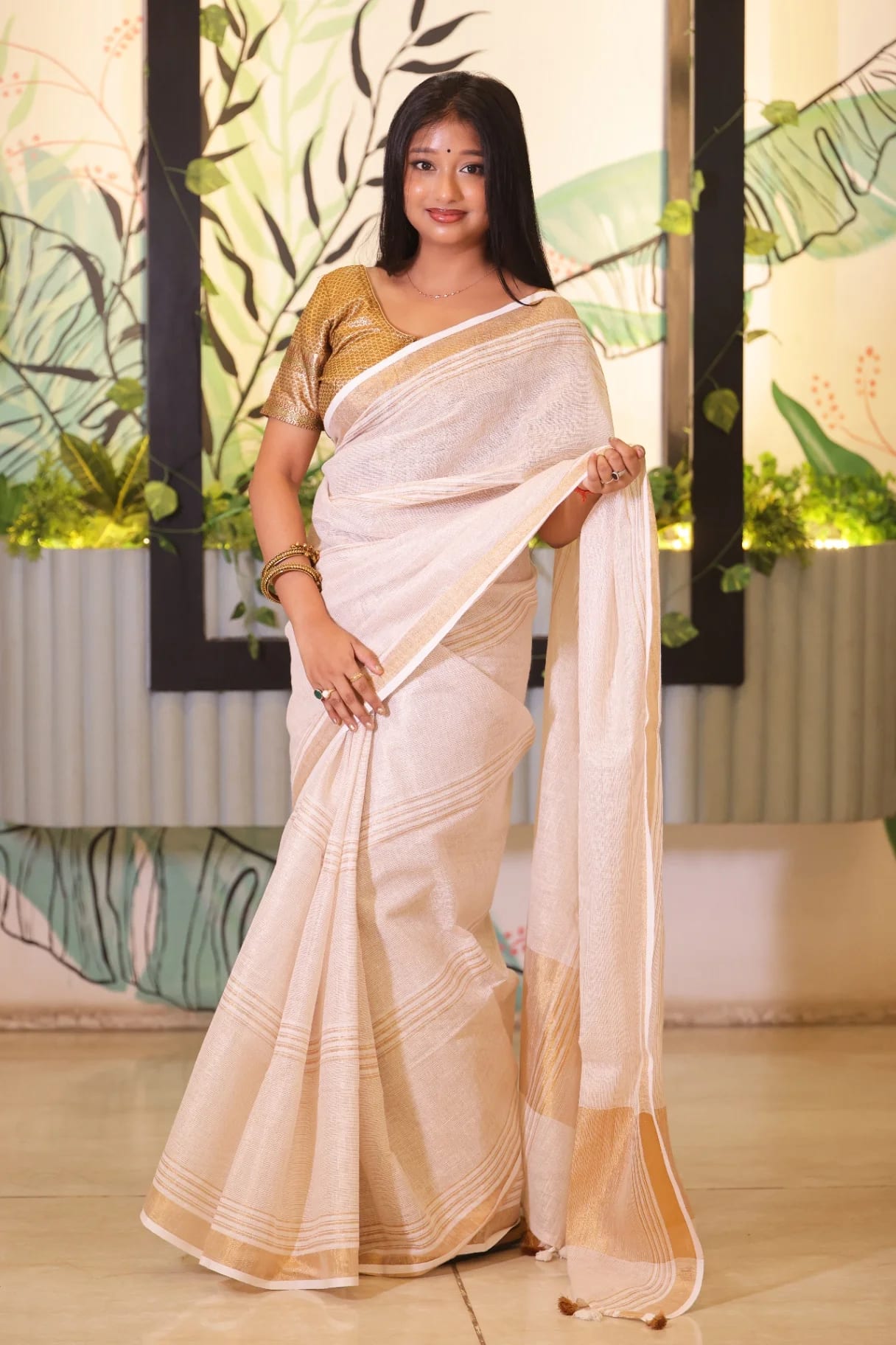 Linen Pearl White Saree with Golden Zari Border | Handloomer - Image 1