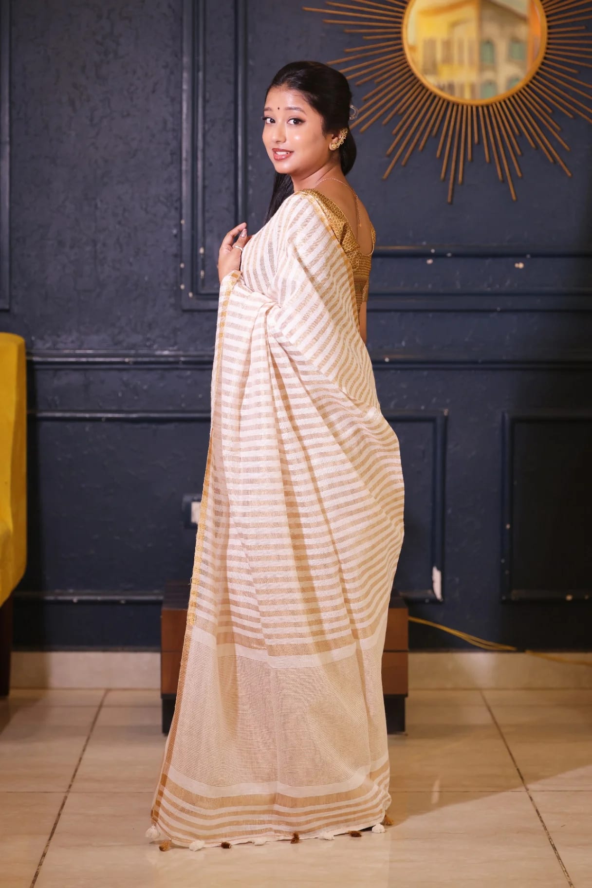 Premium Pure Linen Golden Stripe Saree - Image 3