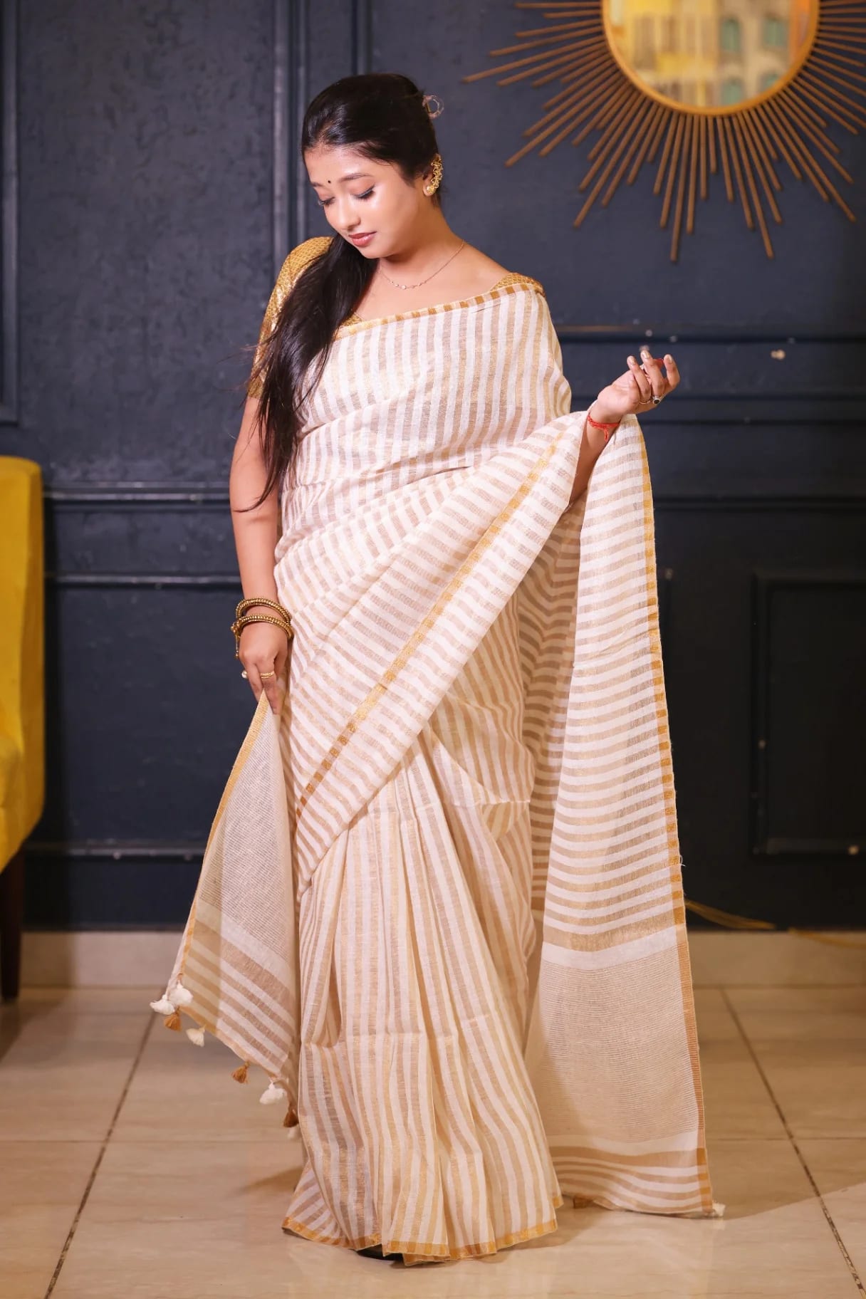 Premium Pure Linen Golden Stripe Saree - Image 1