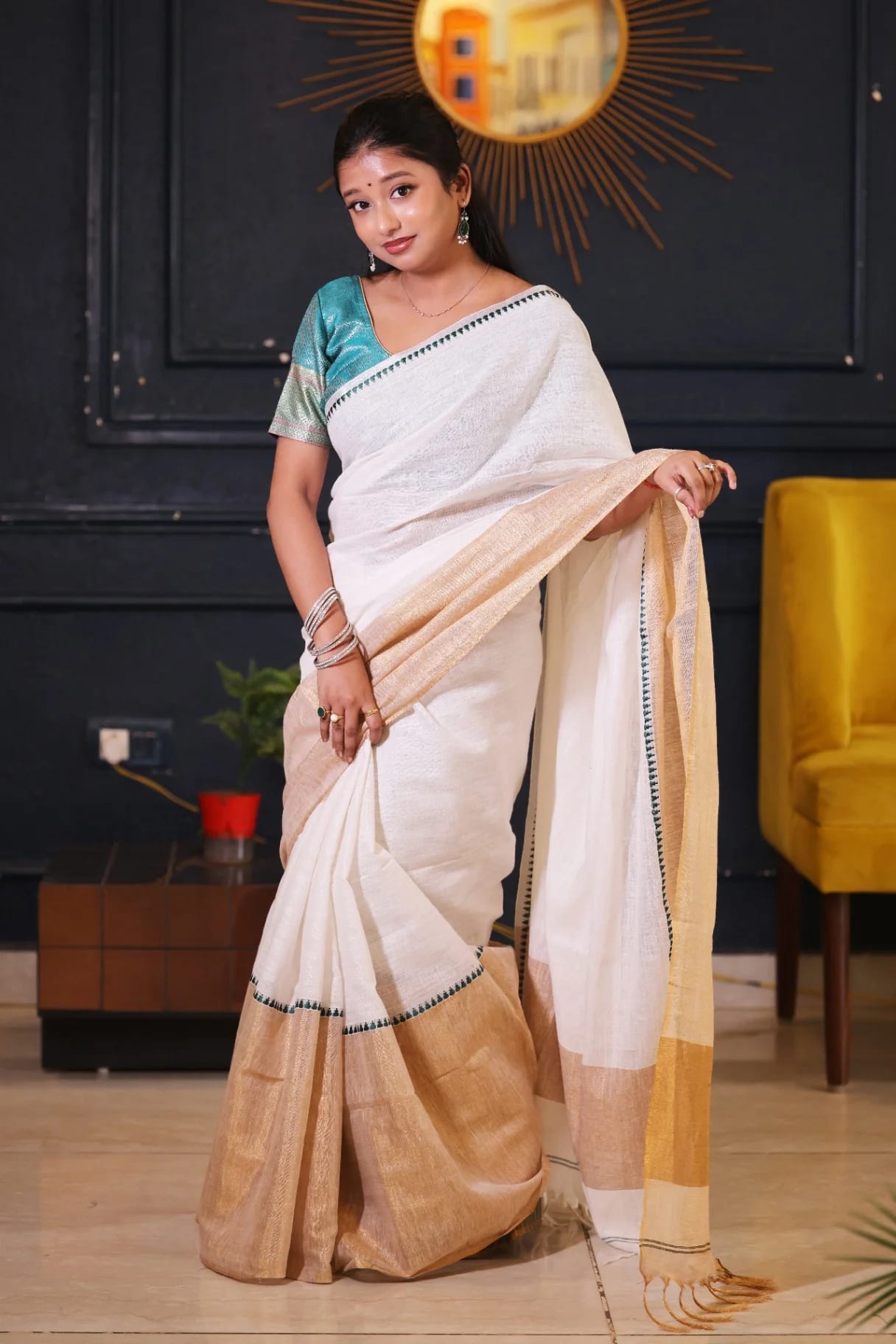 Premium Pure Linen Saree with Golden Zari & Green Temple - Image 1