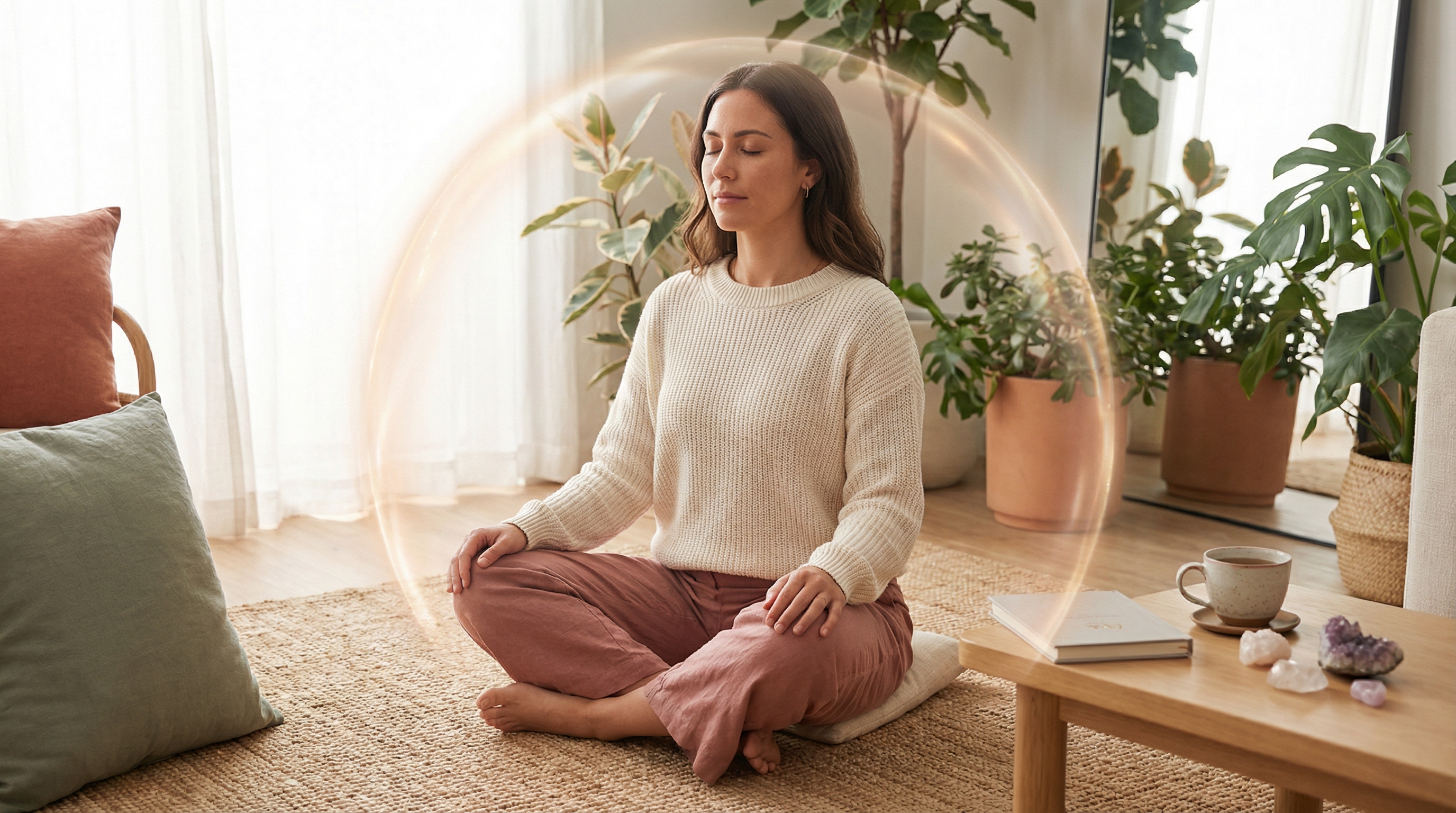 Empath visualizing an energy boundary around the body as a spiritual nervous system protection practice