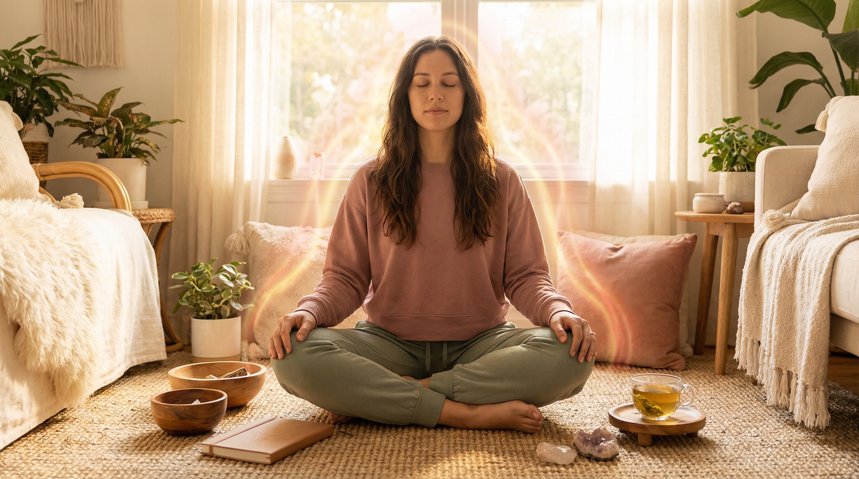 Person sitting in meditation visualizing energetic alignment for grounded manifestation
