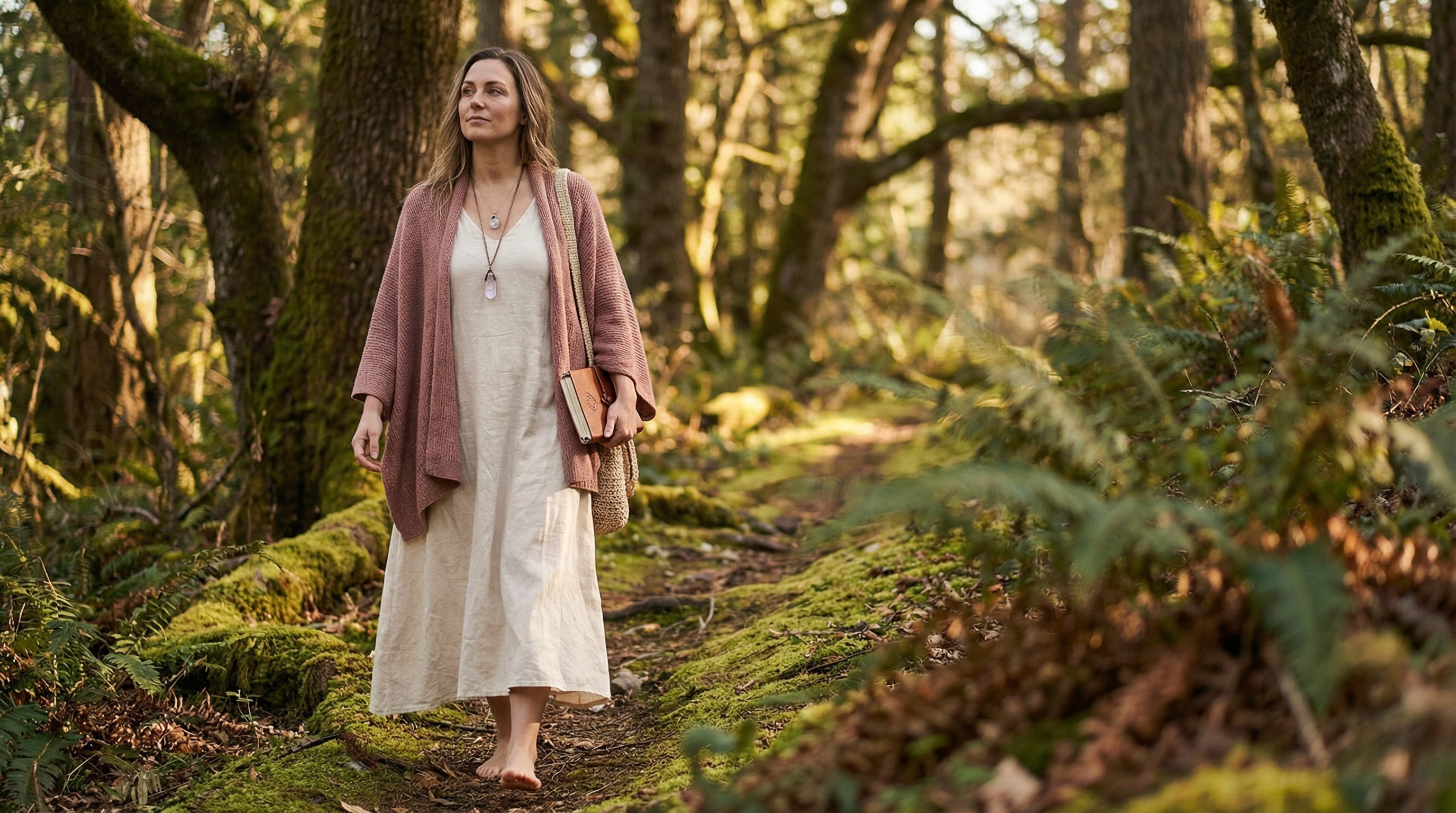 Woman walking slowly along a forest path, symbolizing a patient and grounded manifestation journey