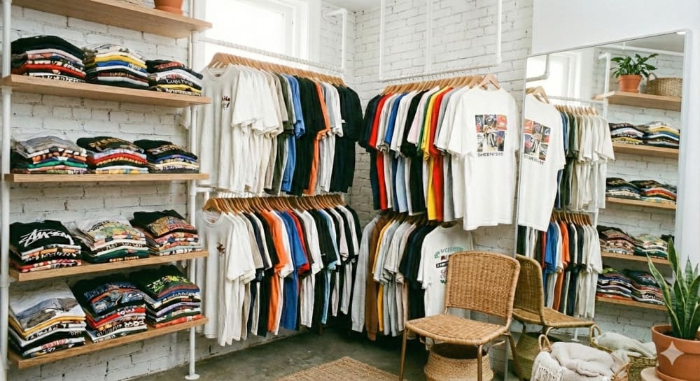Mostrario con camisetas de colores dobladas y colgadas