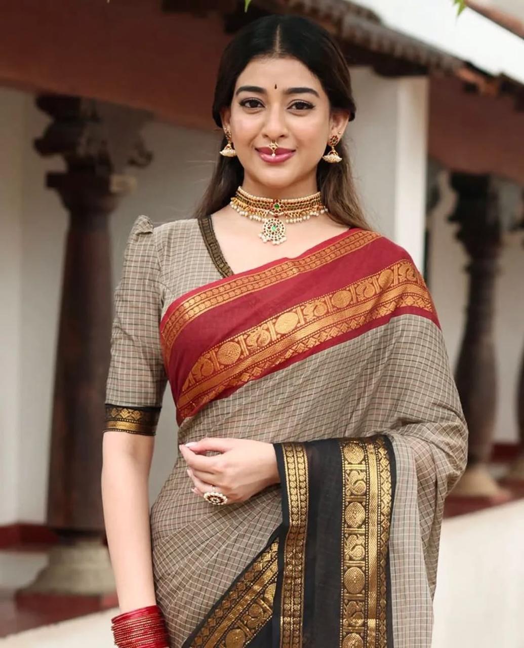 Semi Kanjivaram Banarasi Checks & Ganga Januna Zari Border Sarees