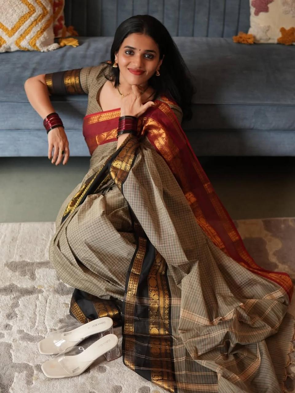Semi Kanjivaram Banarasi Checks & Ganga Januna Zari Border Sarees