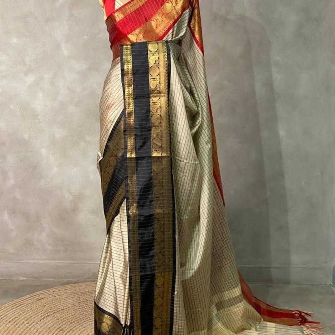 Semi Kanjivaram Banarasi Checks & Ganga Januna Zari Border Sarees