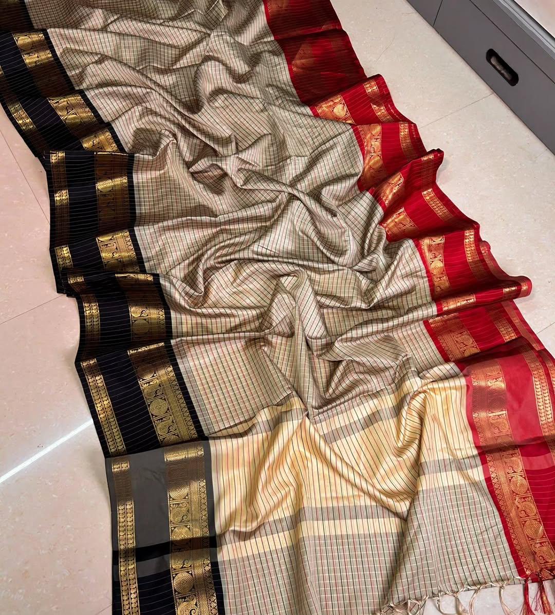 Semi Kanjivaram Banarasi Checks & Ganga Januna Zari Border Sarees