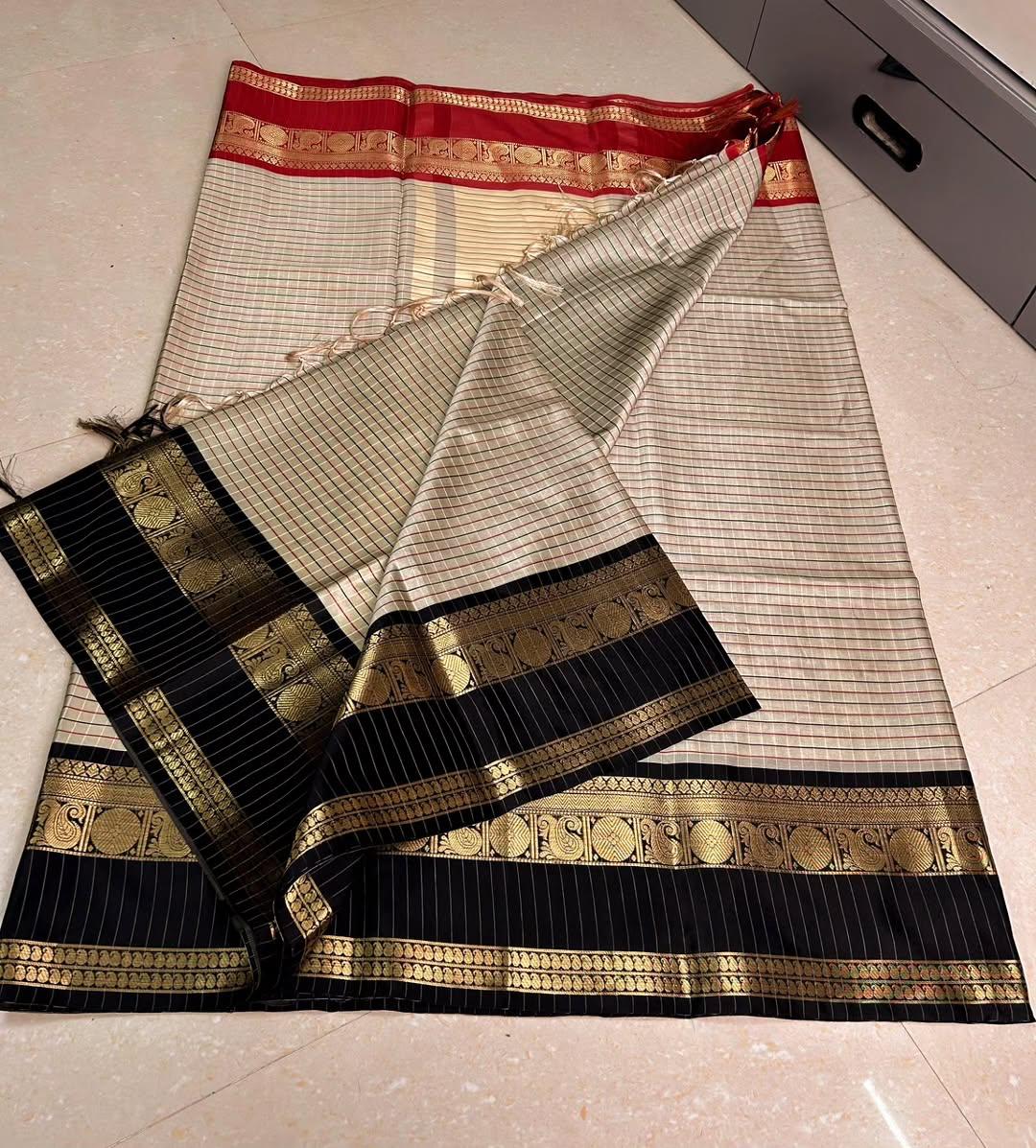 Semi Kanjivaram Banarasi Checks & Ganga Januna Zari Border Sarees