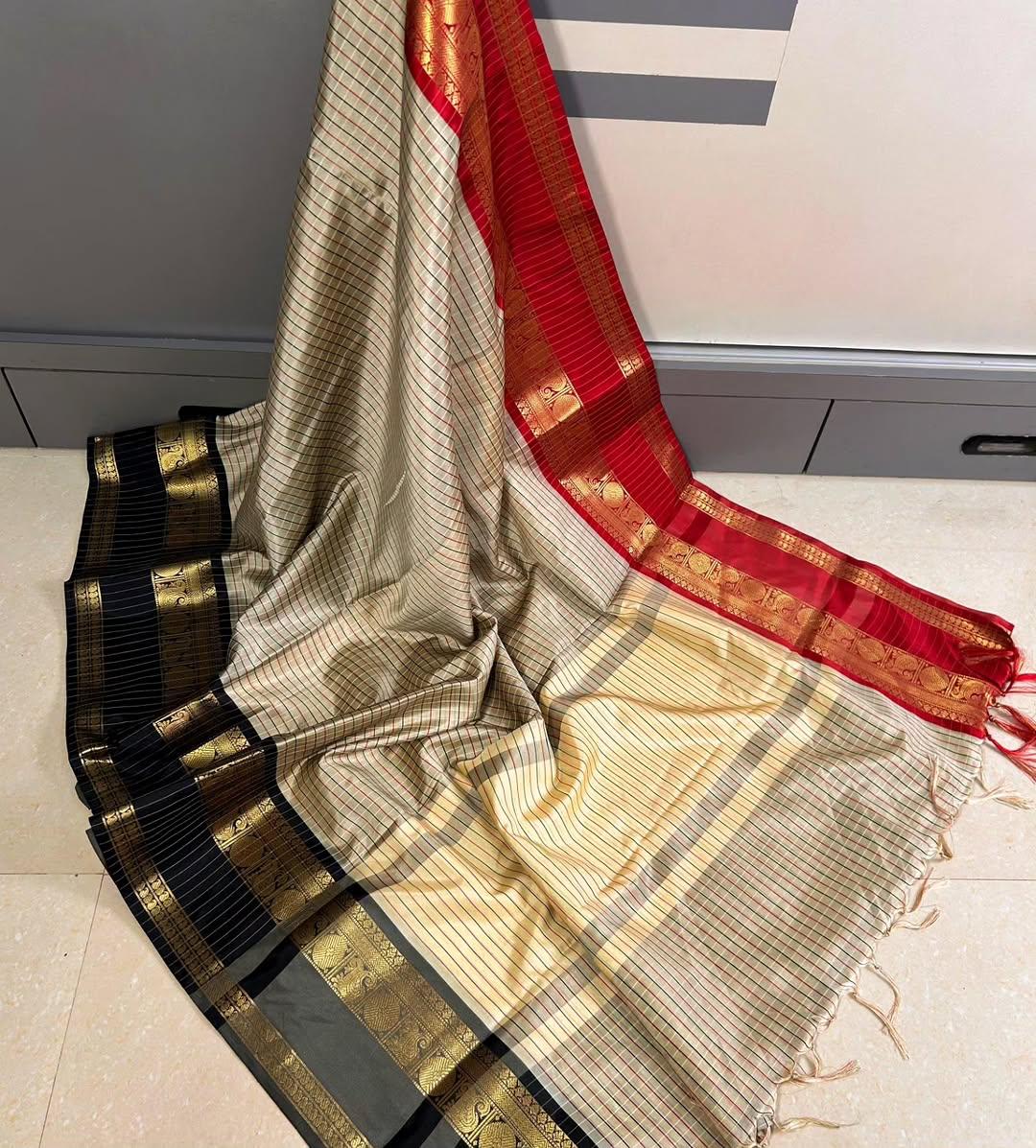 Semi Kanjivaram Banarasi Checks & Ganga Januna Zari Border Sarees