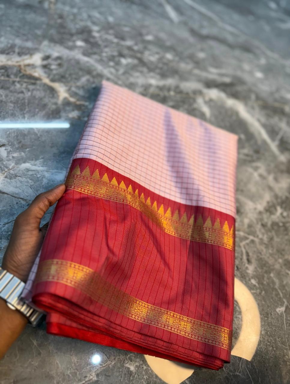 Checked Banarasi katan soft silk