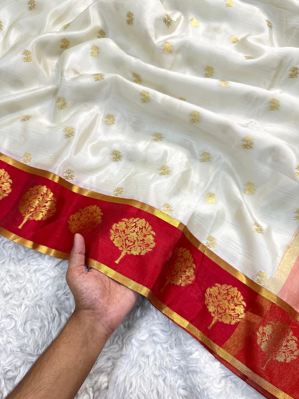 Banarasi White and Red Border Unique Semi Katan Soft Silk Sarees