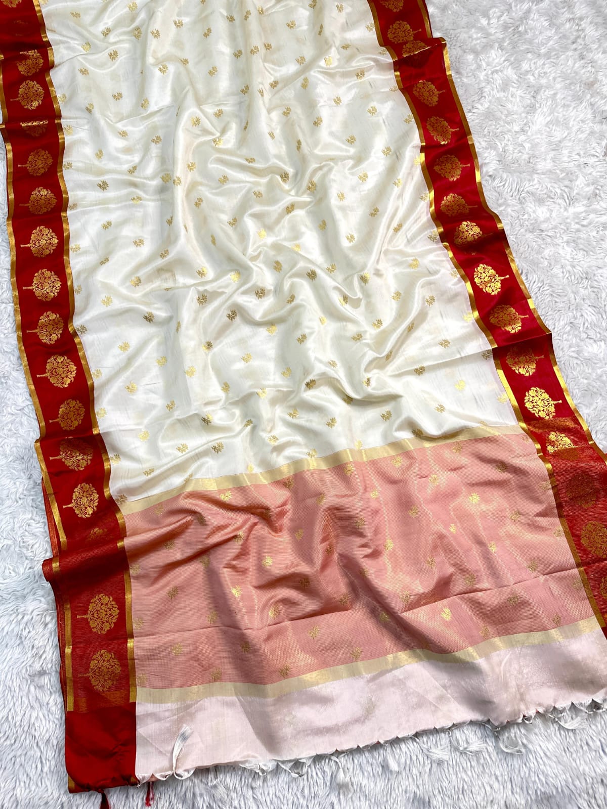 Banarasi White and Red Border Unique Semi Katan Soft Silk Sarees
