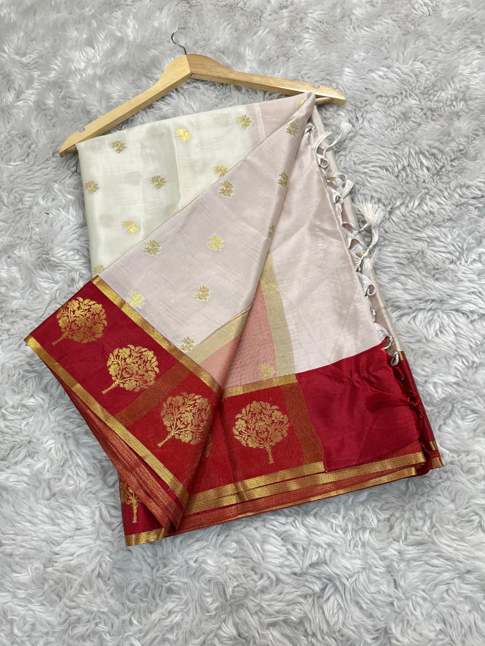 Banarasi White and Red Border Unique Semi Katan Soft Silk Sarees