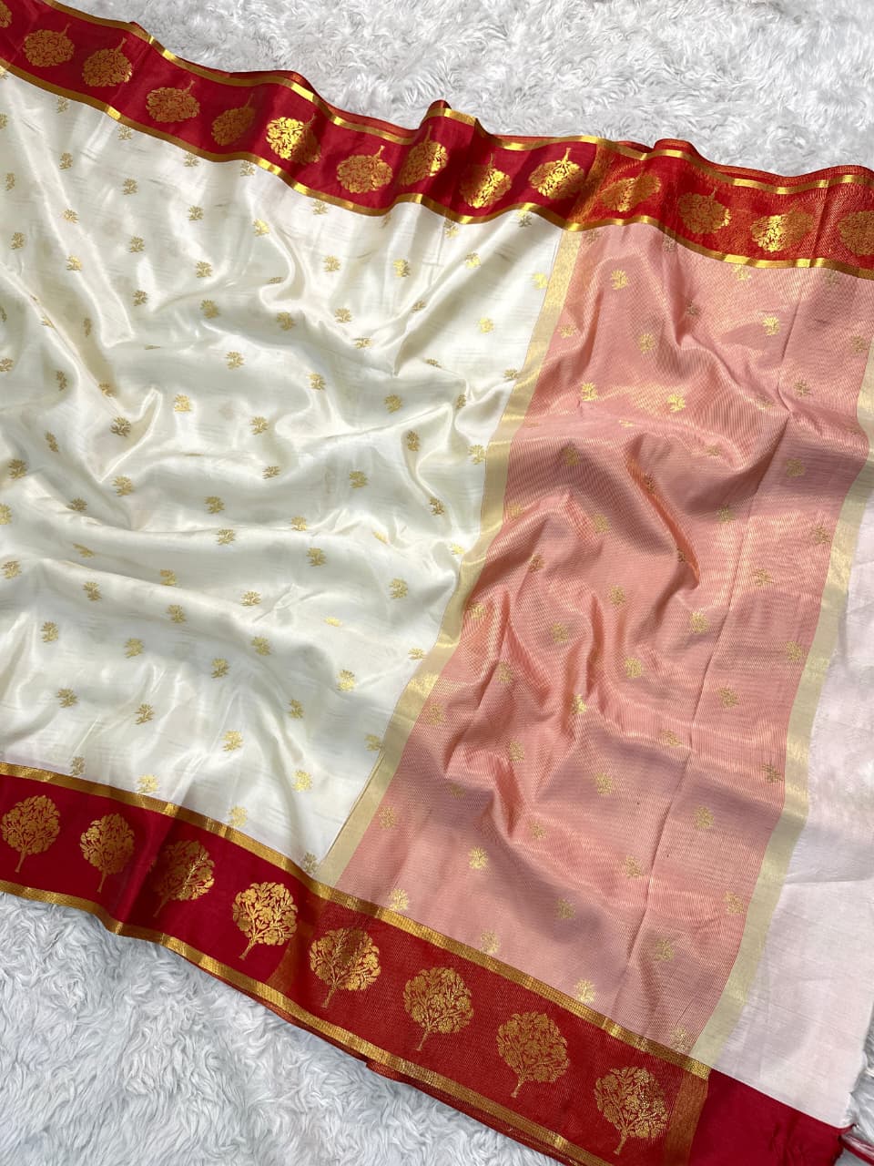 Banarasi White and Red Border Unique Semi Katan Soft Silk Sarees