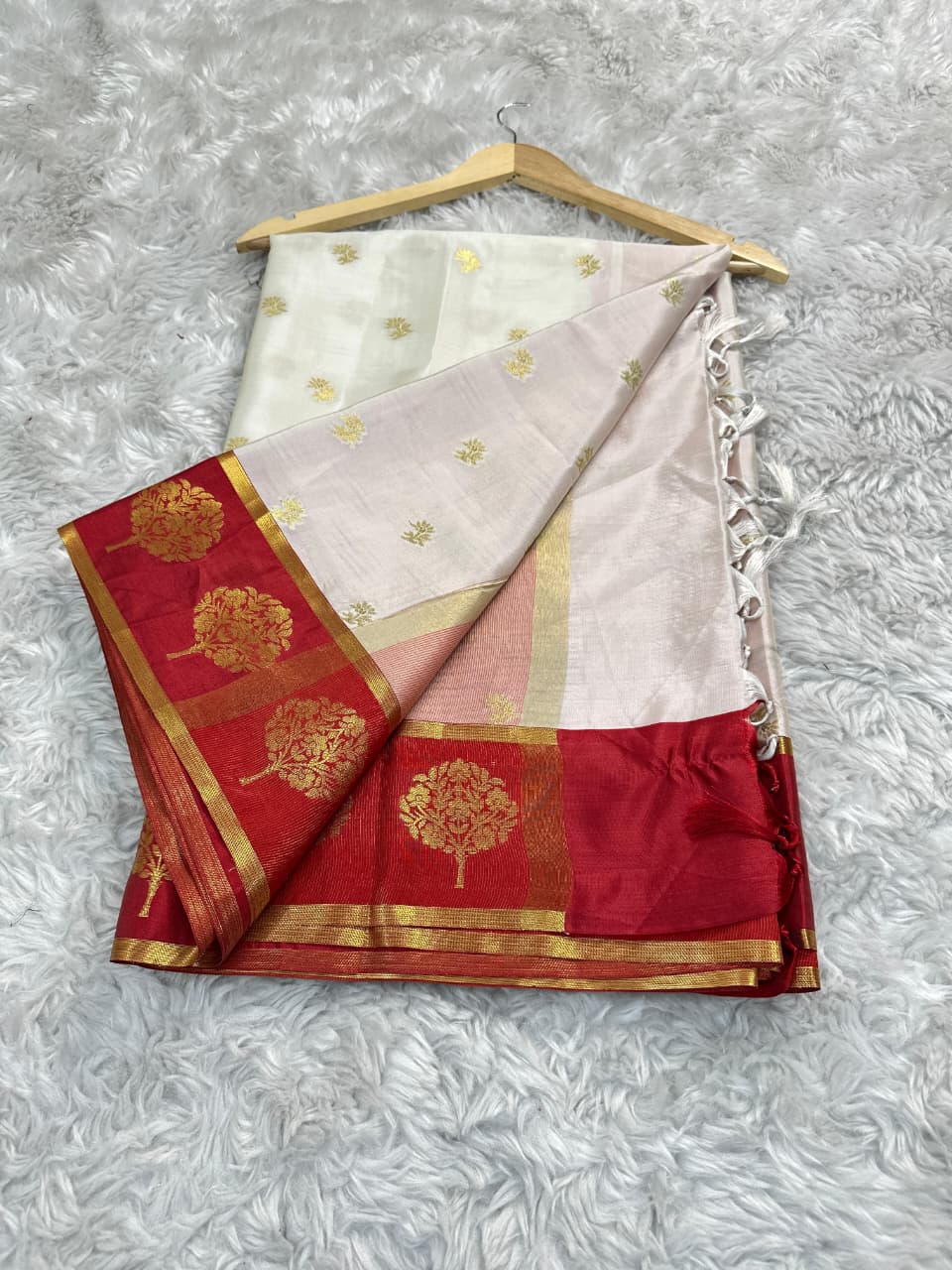 Banarasi White and Red Border Unique Semi Katan Soft Silk Sarees