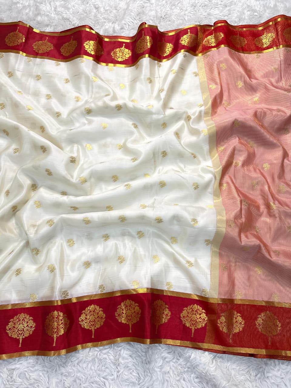 Banarasi White and Red Border Unique Semi Katan Soft Silk Sarees