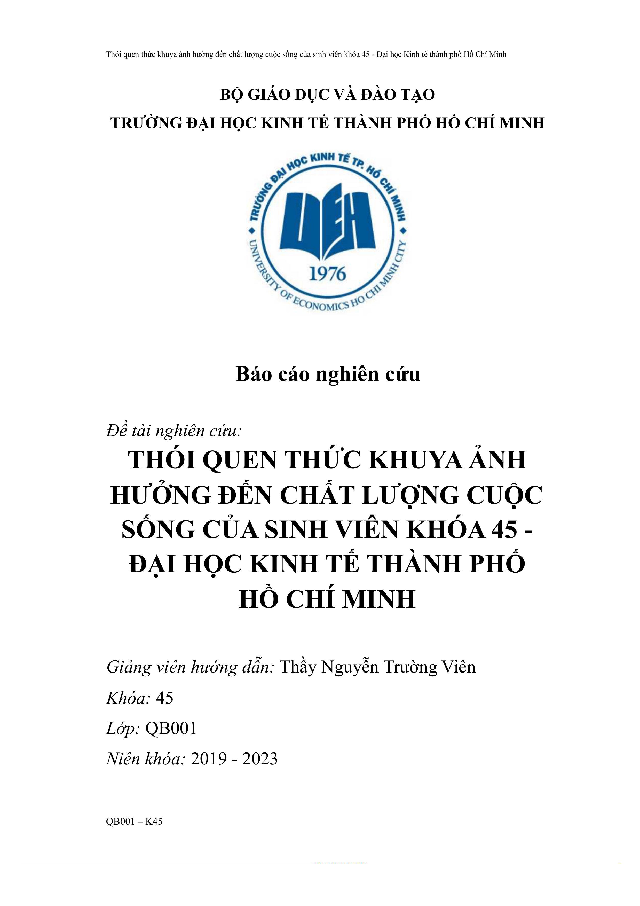 (TIỂU LUẬN) đề tài nghiên cứu thói quen thức khuya ảnh hưởng đến chất lượng cuộc sống của sinh viên