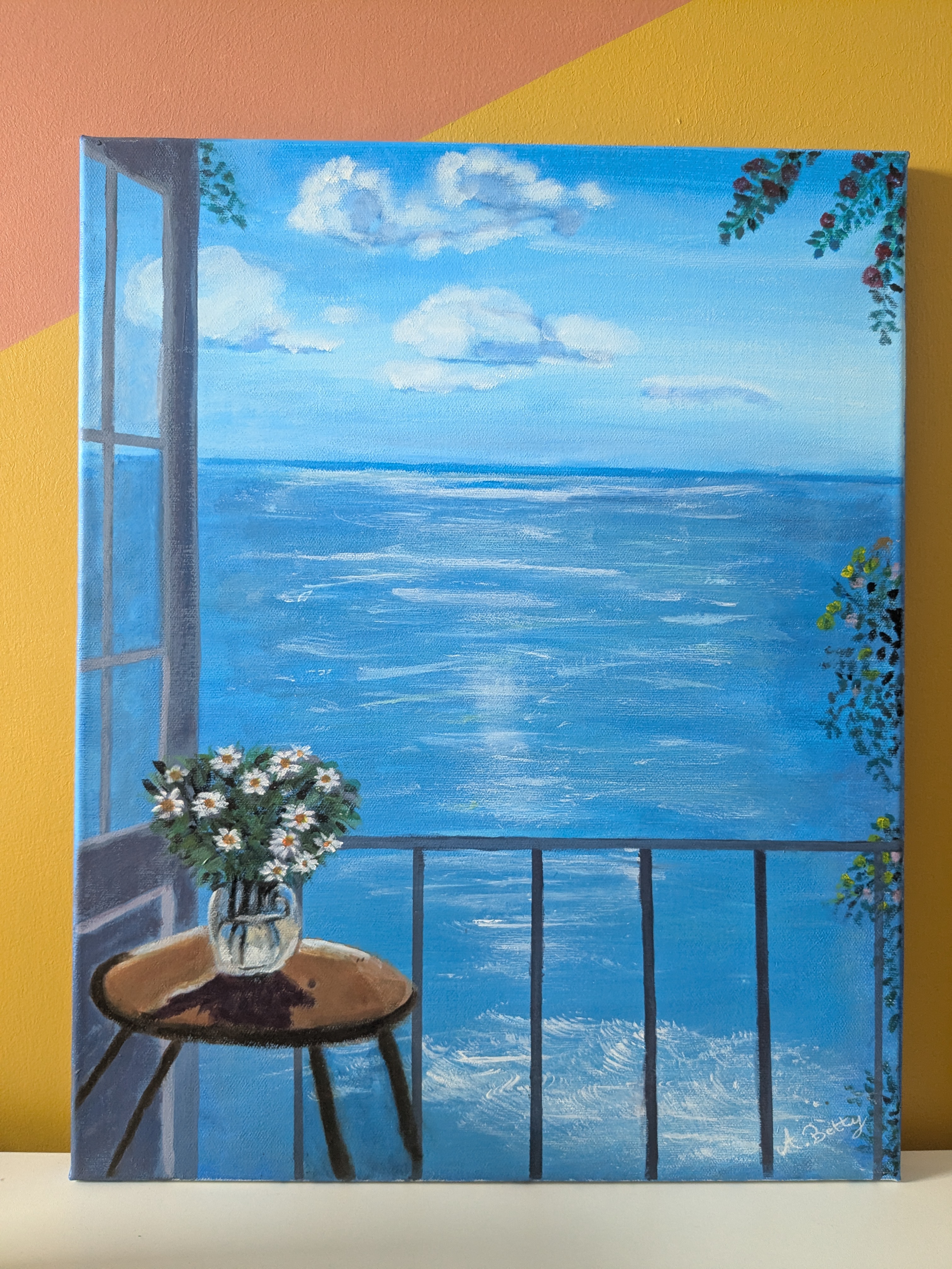 Vue sur mer avec bouquet de fleurs