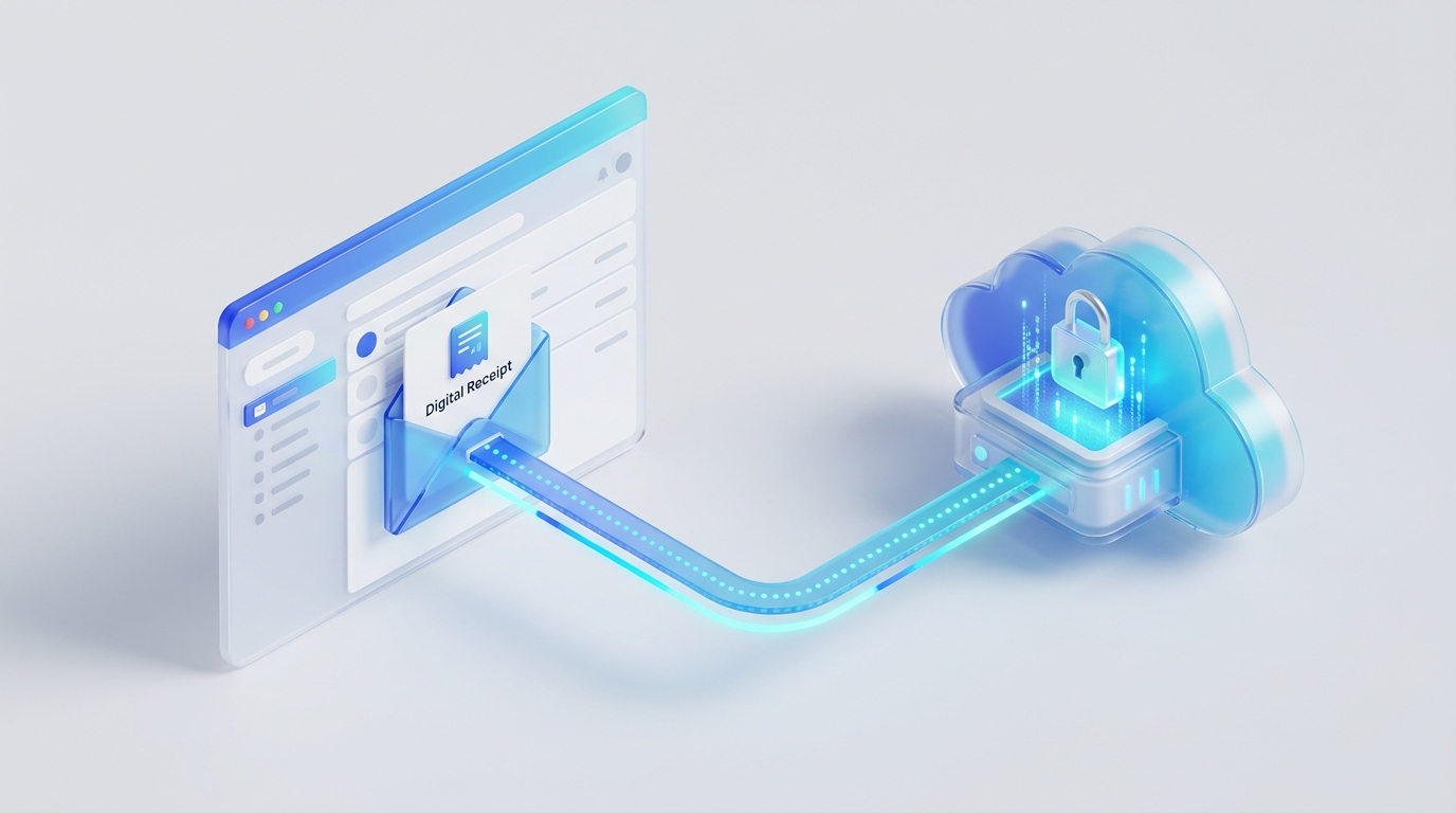 Illustration showing a digital email receipt being automatically routed from an inbox interface directly into a secure database lockbox.