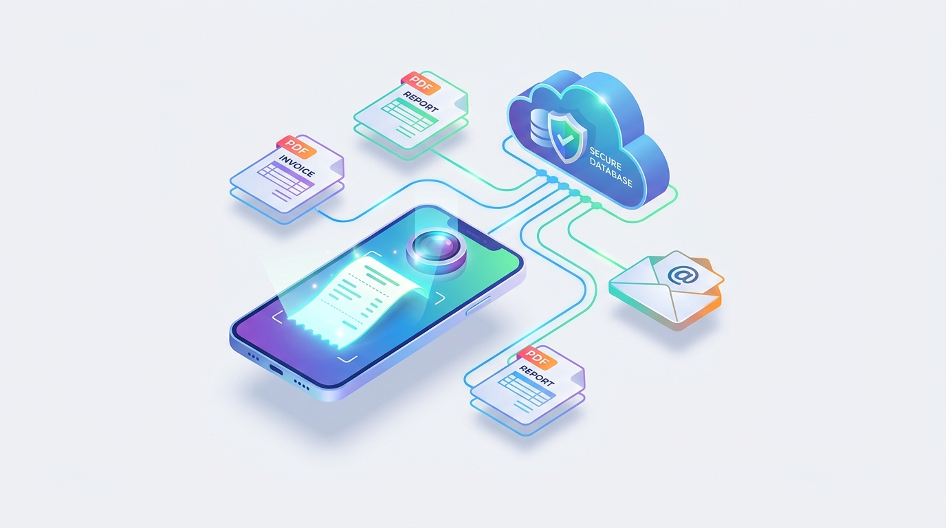 Illustration of a smartphone scanning a receipt, alongside PDF and email icons, smoothly transferring data into a central cloud database.