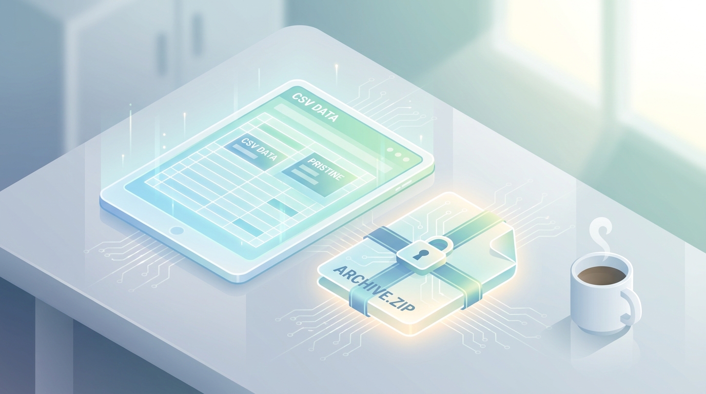 3D illustration of a glowing CSV spreadsheet and a ZIP archive resting on a modern desk, representing clean and easily exportable financial data.