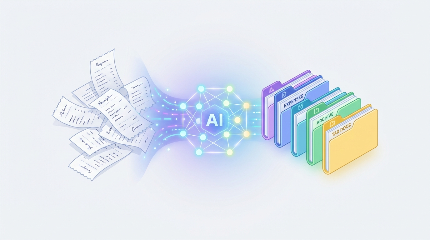 Illustration showing a messy pile of paper receipts passing through an AI processor and emerging as neatly organized, color-coded digital folders.
