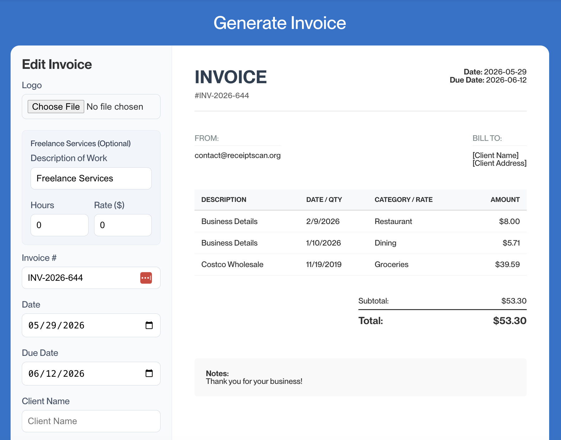 Digital dashboard with CSV ZIP PDF Invoice