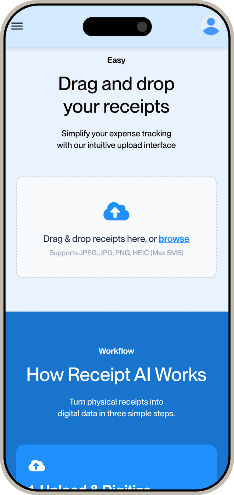 Iphone mockup of the Upload page