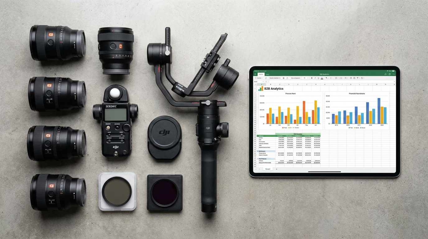 Photography equipment with finance spreadsheet on tablet