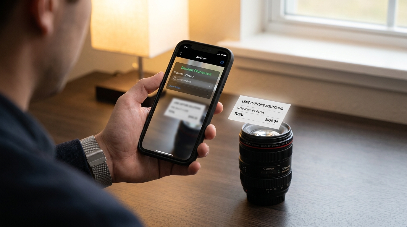 Hand holding smartphone scanning receipt