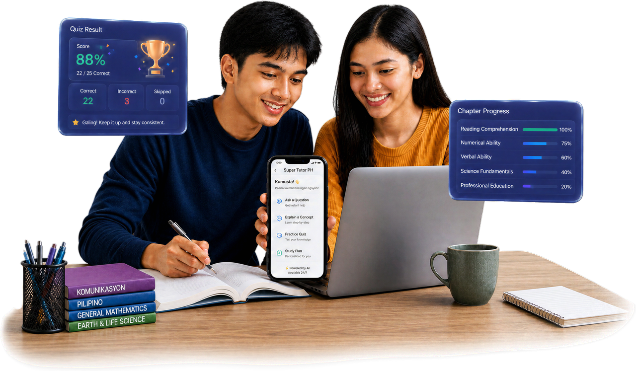 Two Filipino students reviewing with Super Tutor, showing a quiz result and subject progress