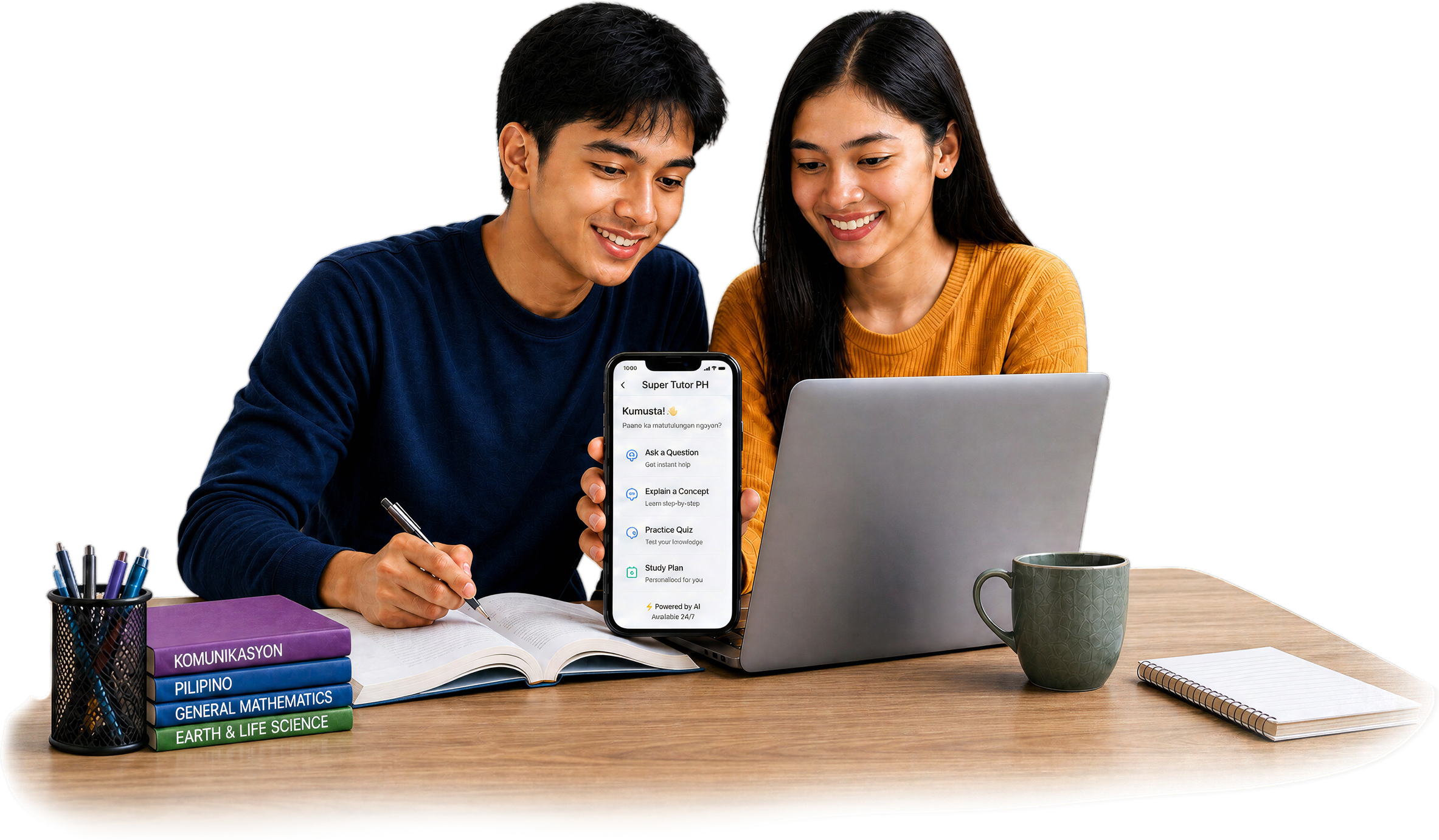 Two Filipino students reviewing with Super Tutor on a laptop and phone