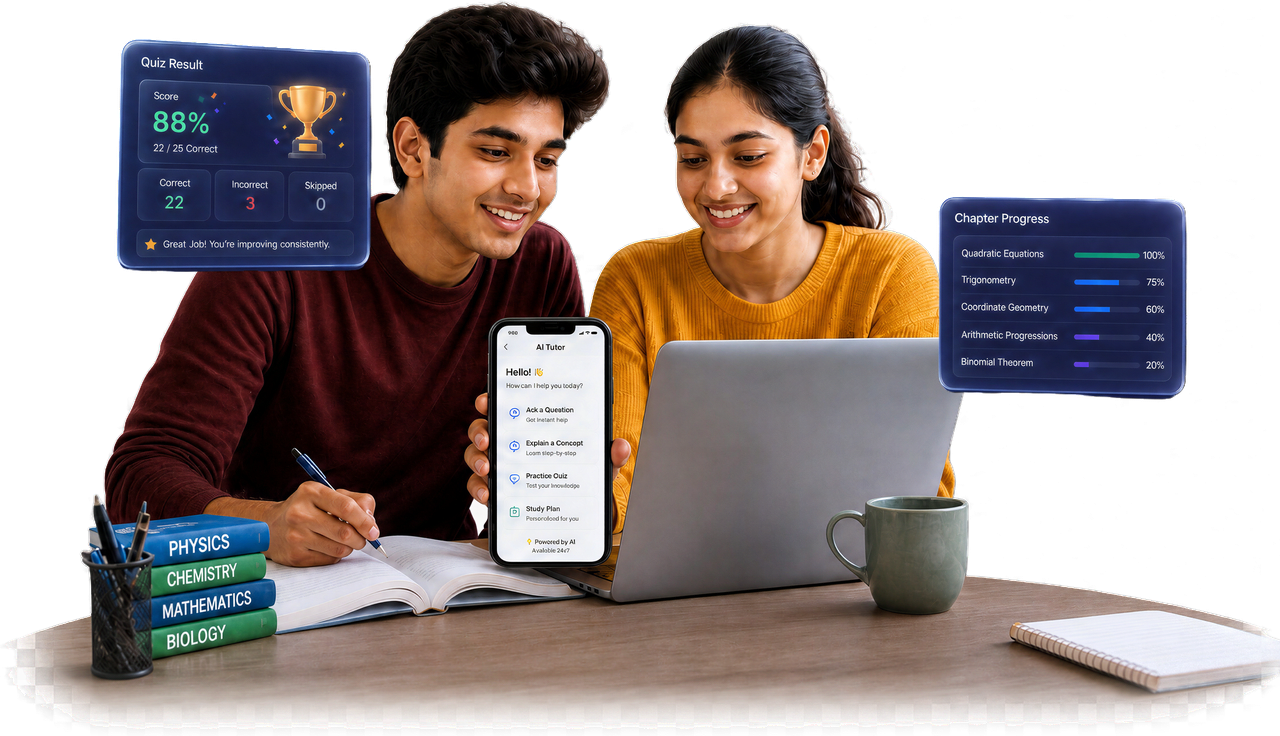 Two students studying with Super Tutor, showing a quiz result and chapter progress