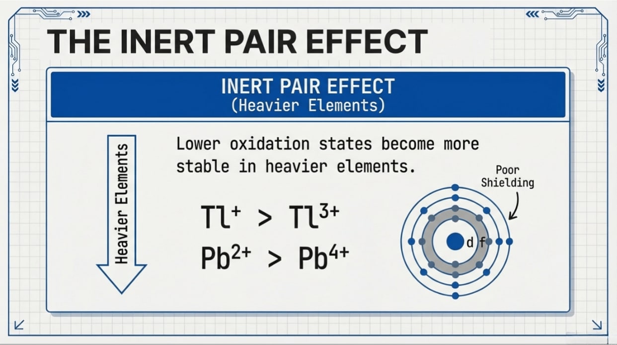 Inert pair effect showing stability of lower oxidation states in heavy elements