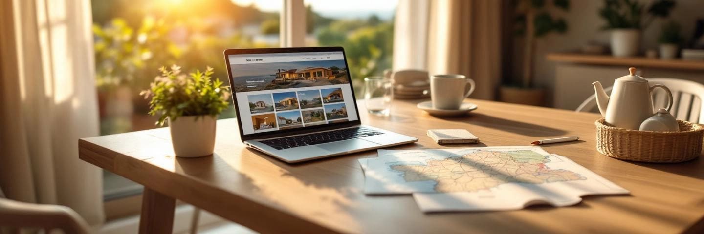 Table à Toulon : ordinateur avec annonces, mains pointant, carte du Var, documents notariaux et café.