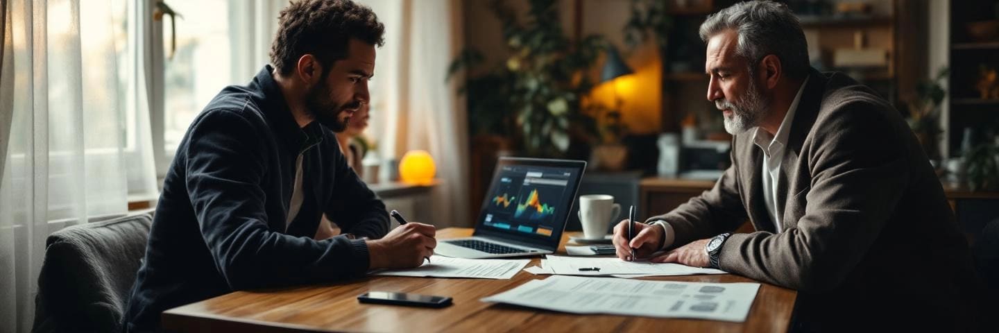 Couple anxieux et notaire autour de documents immobiliers dans un salon lumineux, ambiance rassurante.