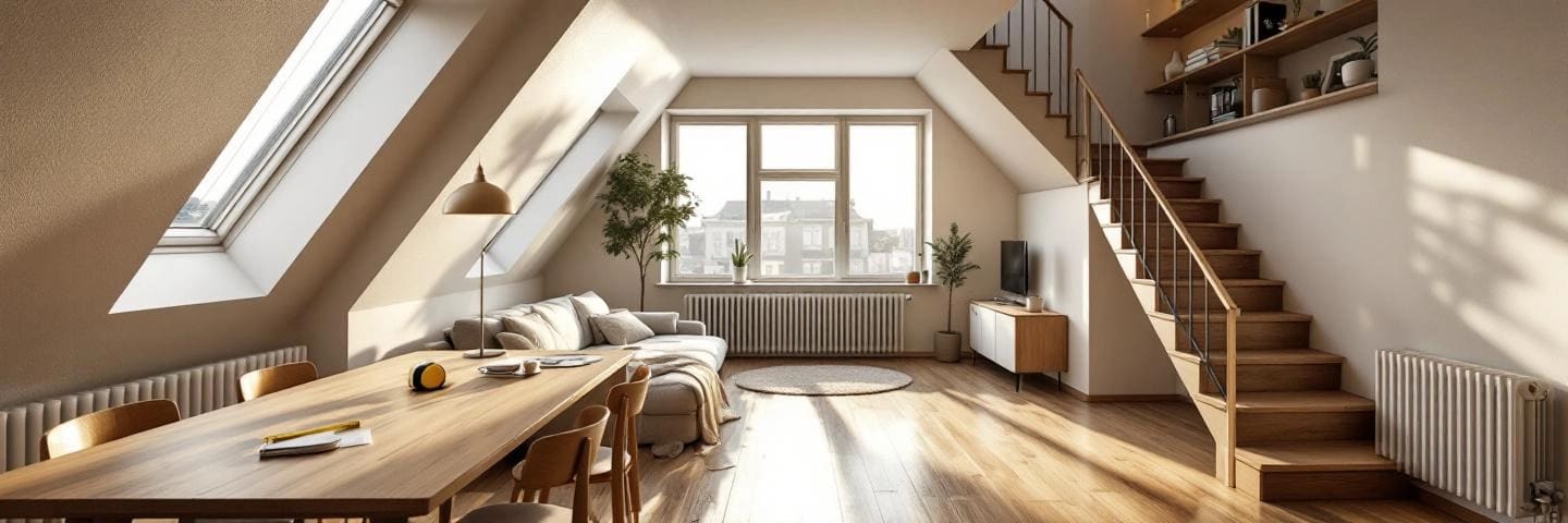 Intérieur panoramique d'un duplex en attique, escalier central, grande fenêtre sur toits urbains.