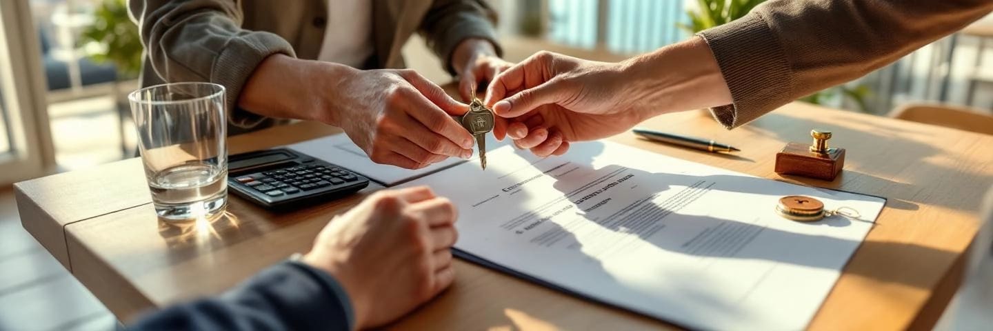 Mains échangeant clés et décompte PTZ sur une table d'appartement lumineux, vue urbaine en arrière-plan
