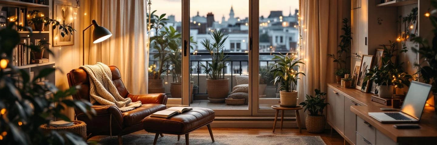 Coin lecture et bureau cosy près d'un balcon végétalisé, lumière chaude et objets personnels.
