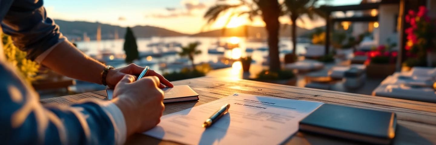 Agent remet les clés sur une terrasse face à la mer, acheteurs étrangers examinent un dossier.